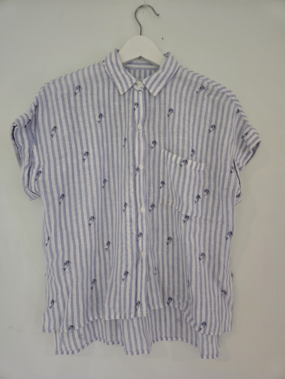 Rails Blue and White Striped Button-Up Shirt with Embroidered Birds